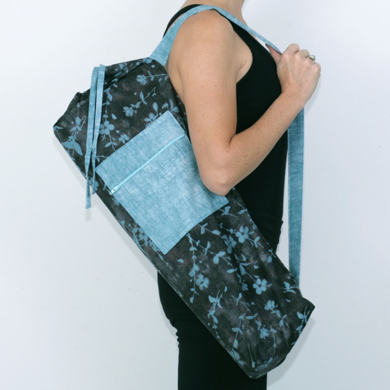 FREE SHIPPING- Yoga Bag in Blue Leaf on Black with a Zipper Pocket