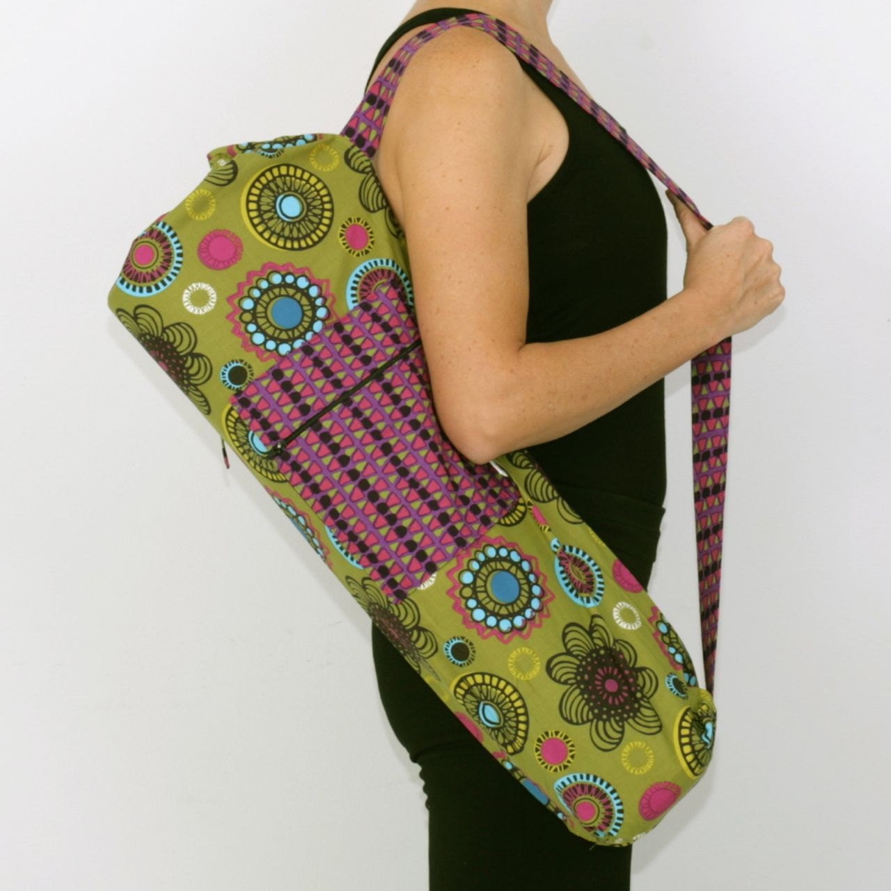 FREE SHIPPING- Yoga Mat Bag in Purple and Green with a Zipper Pocket