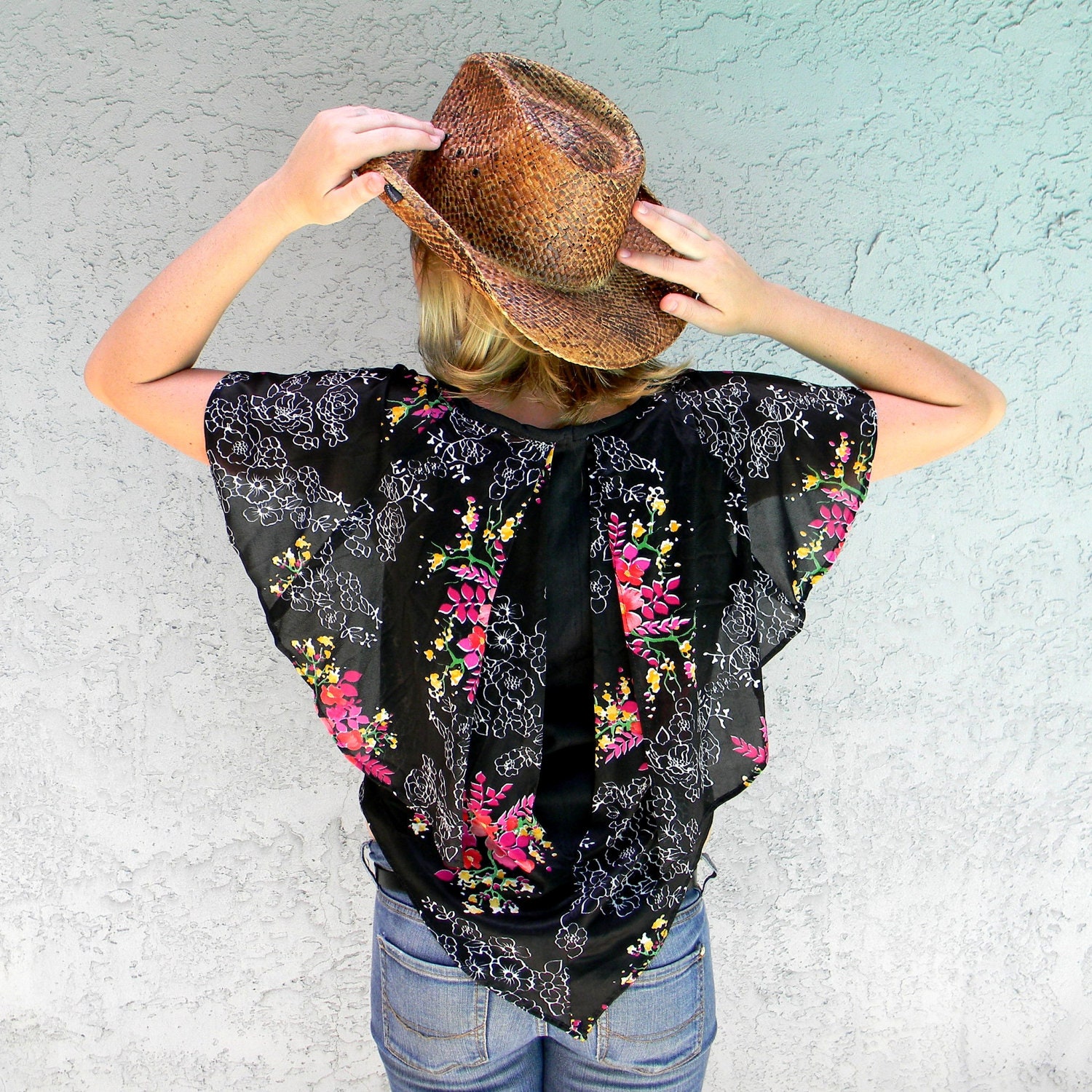 70s Scarf Blouse - The Bobby McGee - Vintage 70s Janice Joplin Cape Top/Shirt in Sheer FLOWER POWER Black/White/Hot Pink Nude Illusion Nylon