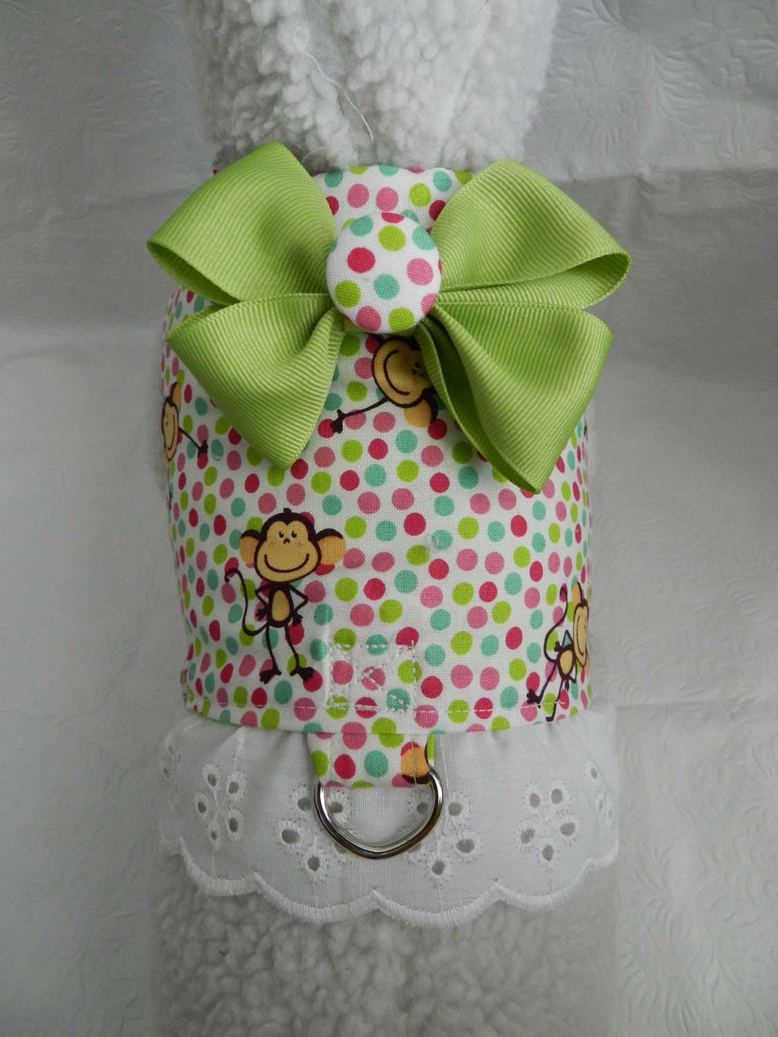 Funky Chunky Monkey RETRO Polka Dot Harness with Bow. Perfect Item for your Cat, Dog or Ferret. All Items Are Custom Made For Your Pet.