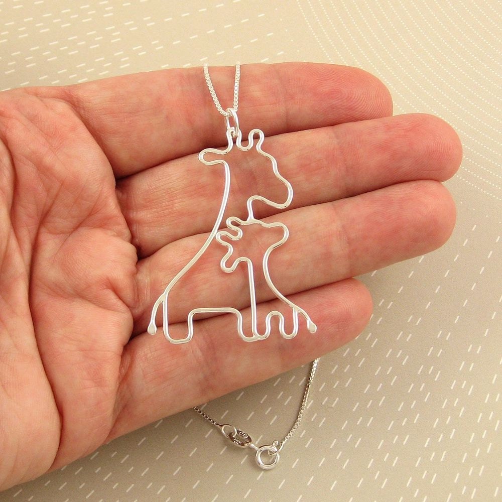 Giraffe Necklace, Mother and Baby, Sterling Silver, Made To Order