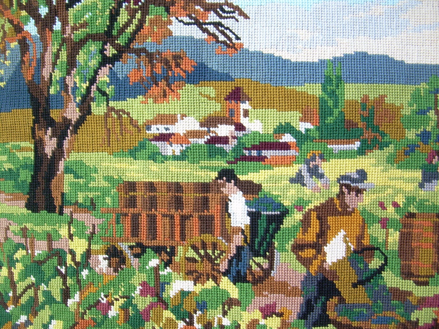 needlepoint tapestry, grape harvest in France, landscape, one of a kind