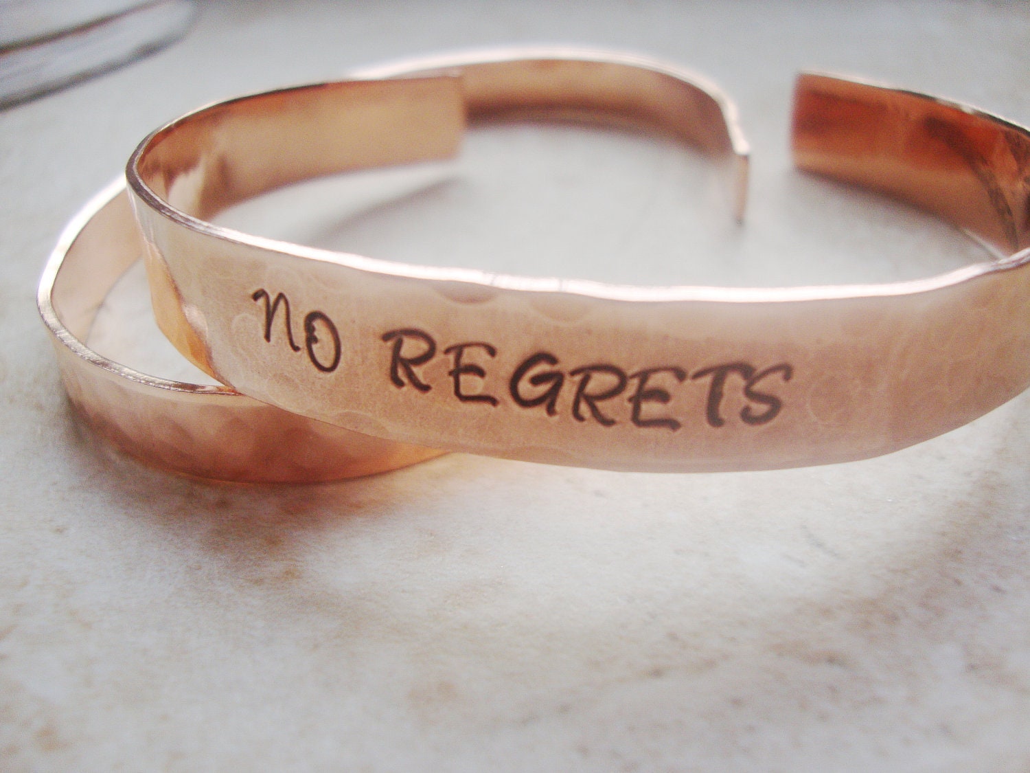 No regrets hand stamped hammered copper cuff