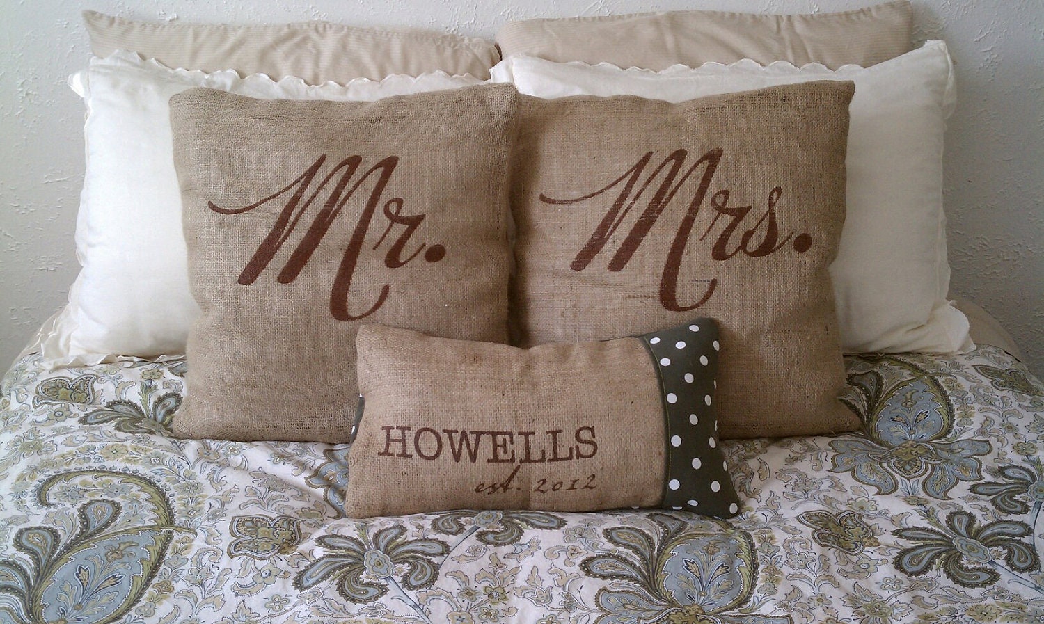 Wedding Gift Set 1 Personalized Family Name Pillow Cover with Mr. & Mrs. Pillow Covers, Handmade from a Recycled Coffee Sack