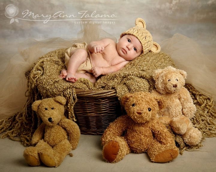 Baby Boy Hat, 3 to 6 Months Baby Teddy Bear Hat, Baby Crochet Flapper Beanie, Beige with Ears. Great for Photo Props. Baby Shower Gift.