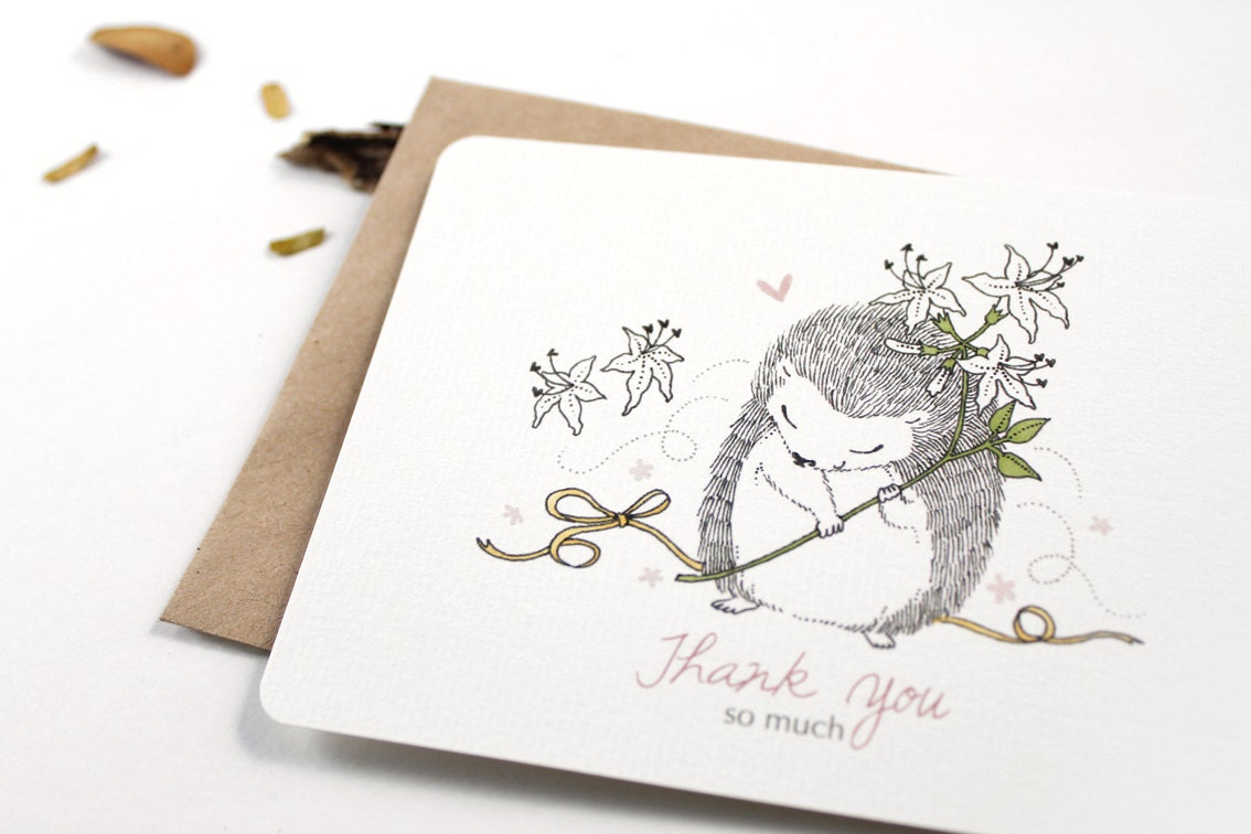 10 Thank You Very Much Notecards - Hedgehog and Honeysuckle Flower