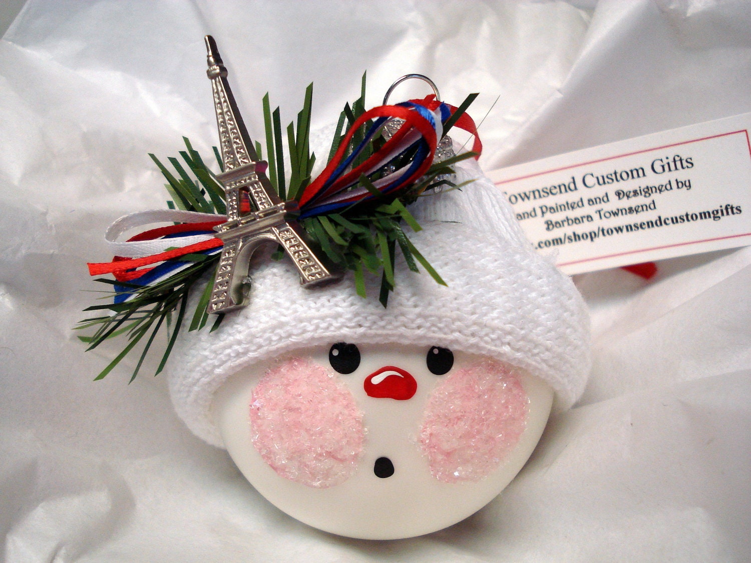 Eiffel Tower France Snowman Ornament Christmas Tree Bulb Hand Painted Glass Snowball Face Personalized