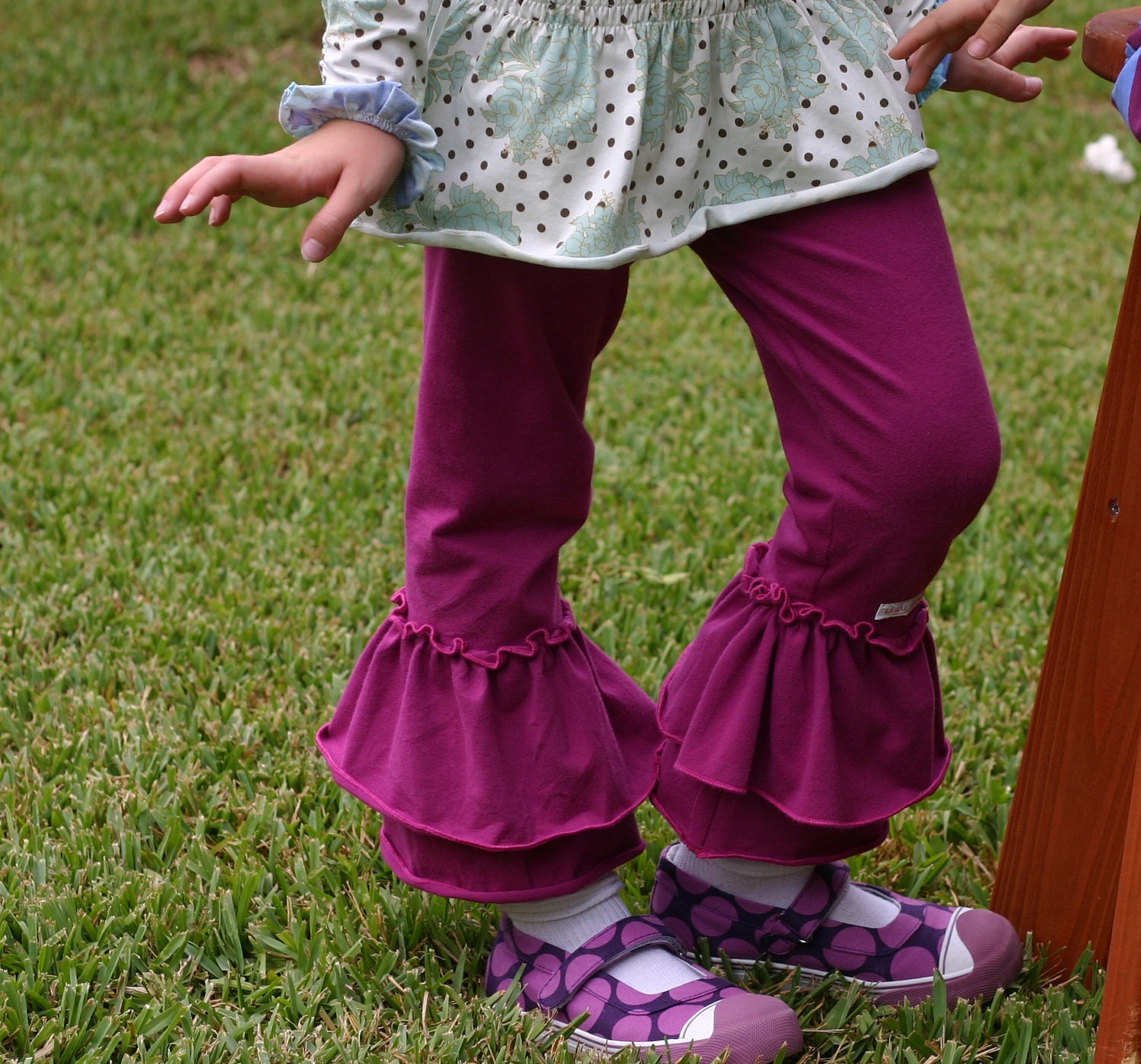 beetroot pink purple knit leggings with double ruffles sizes 12m - 8 girls