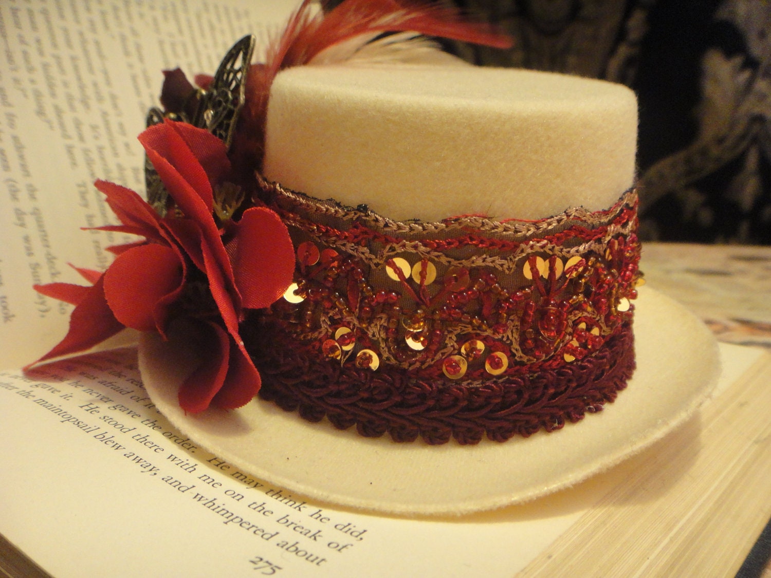 Fire Gypsy - Beaded mini top hat Beige Cream Red Gold Brass Butterfly Swarvoski Crystals Flowers Feather Hair Fascinator