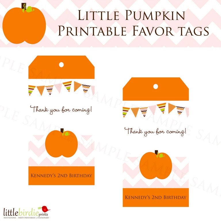 LITTLE PUMPKIN FAVOR Tags with Pumpkin, Chevron, Polka dots and Stripes banner. Printable file