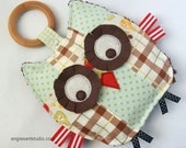 Stanley the Patchwork Owl Crinkle Toy comes with Detachable Organic Wood Teething Ring- Great Baby Boy Gift