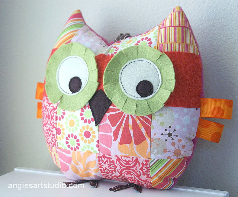 Medium Patchwork Owl Pillow Stuffed Toy for Baby Girl - Pretty in Pink - angiebabygifts