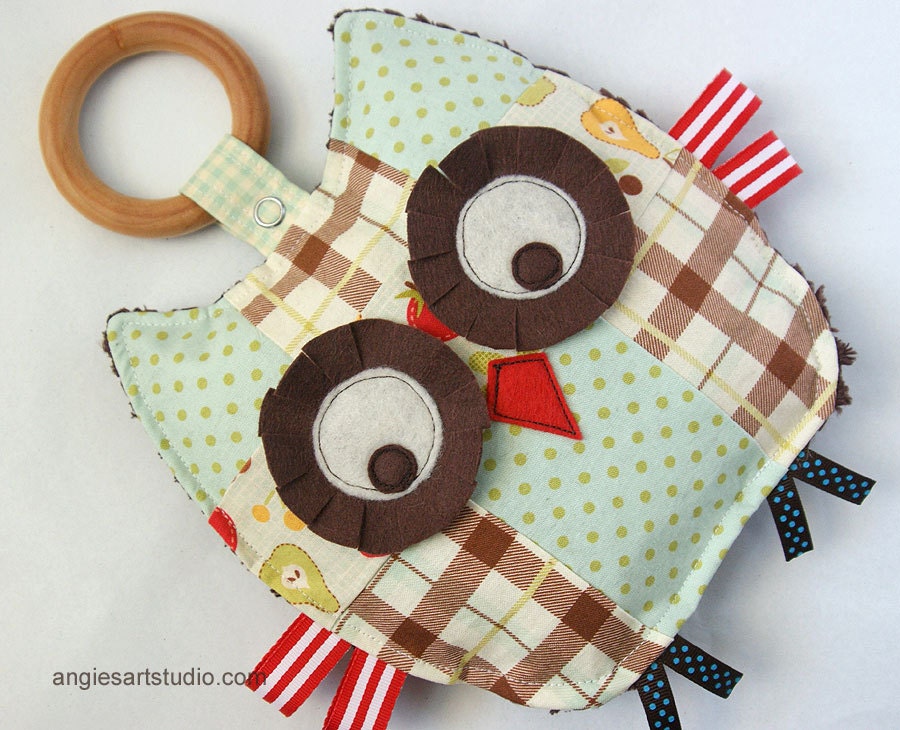 Stanley the Patchwork Owl Crinkle Toy comes with Detachable Organic Wood Teething Ring- Great Baby Boy Gift