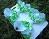 3" Pigtail Hair Bow Set: Green and White Damask Print