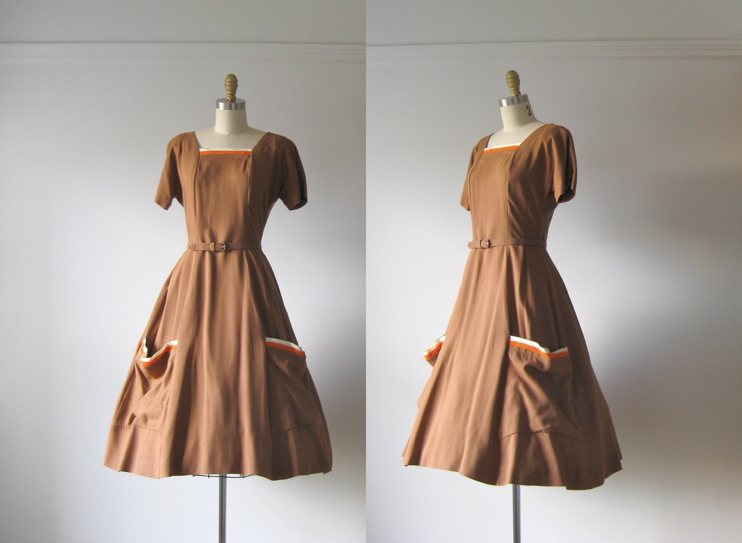 vintage 1950s dress / 50s dress / brown day dress
