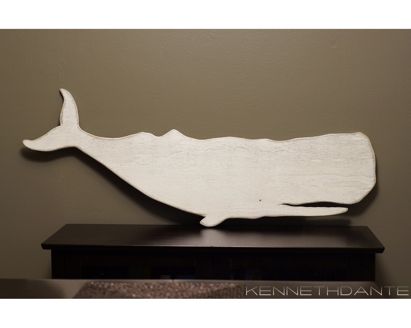 Whale Art Wood Wall Hanging Folk Primitive Nautical Decor 47 inch White