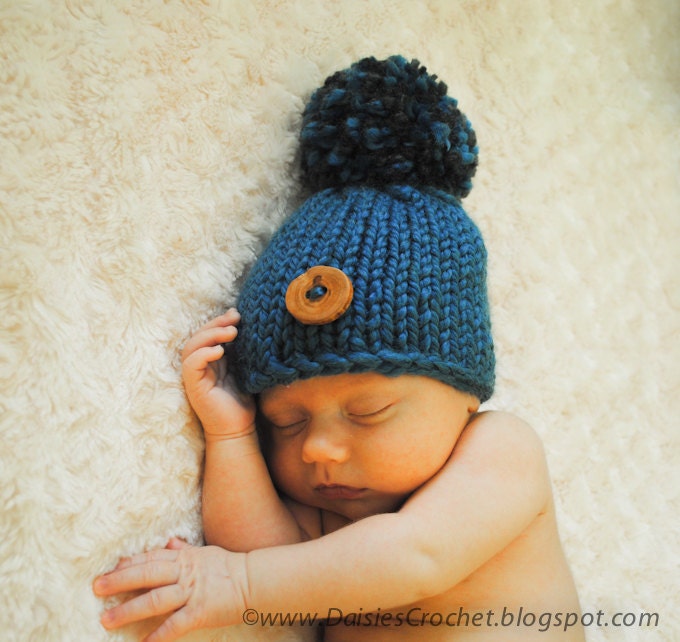 children knit hat Teal with pom pom natural wooden button. Teal Grey Wool cap Kids beanie Gift under 25 30