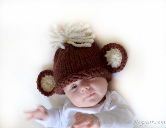Monkey baby beanie hat in brown cream. size 1or 2 Wool kids hat Gift under 25 30 Ready to ship
