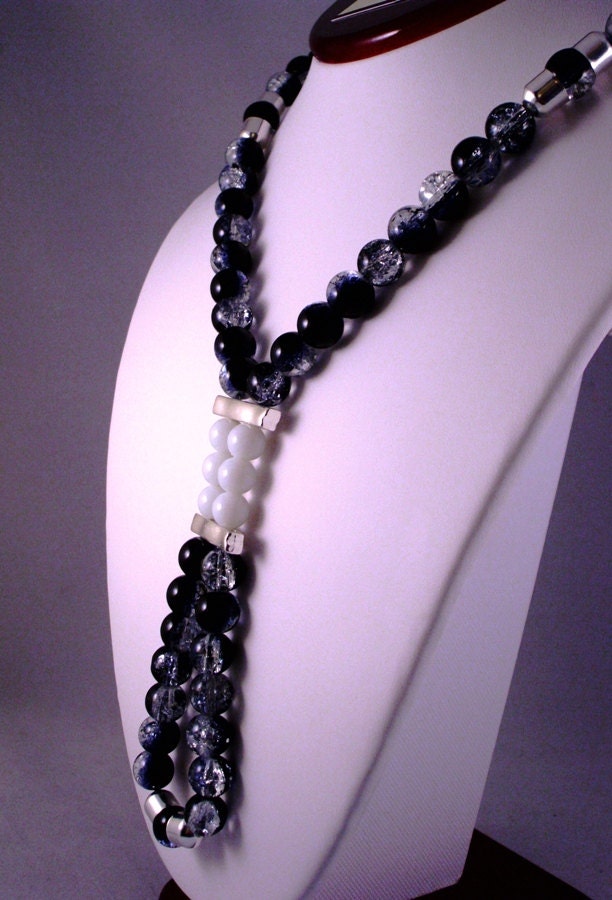 Egyptian Ankh Style, Black, White and Clear Crackle Glass Necklace, Office Fashion, Career Jewelry, (N7)