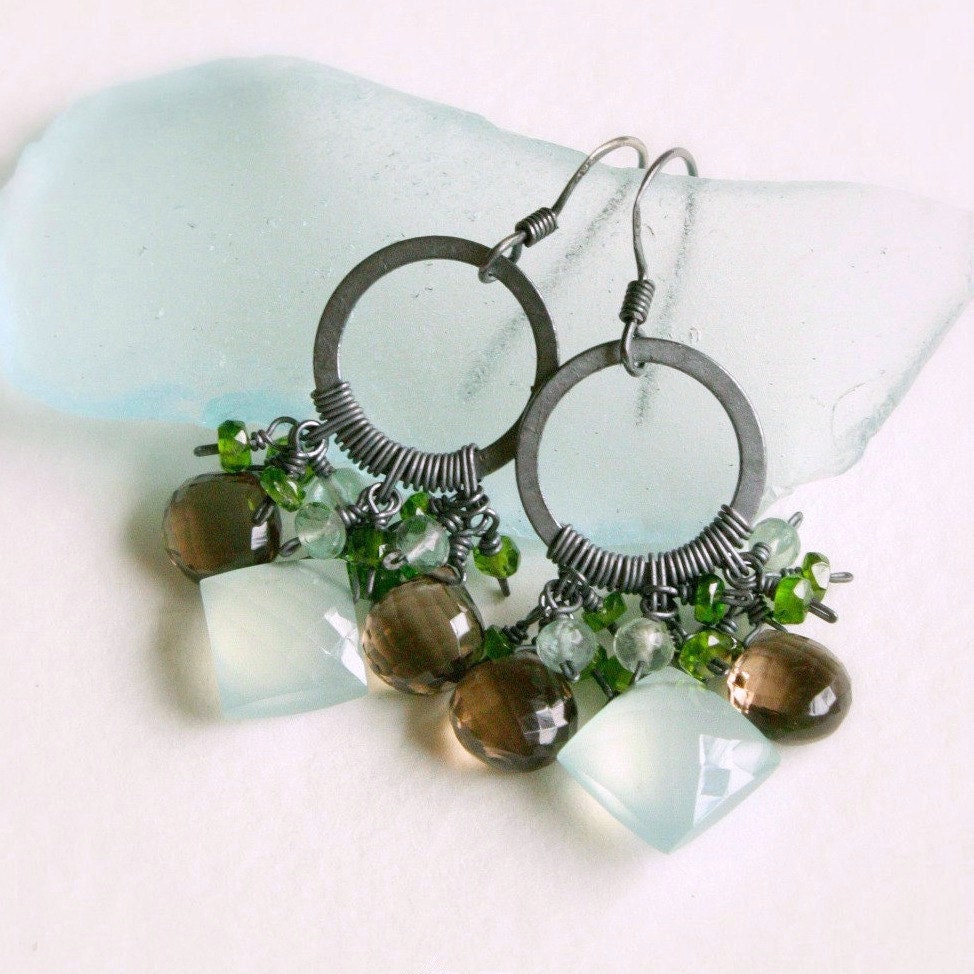 FOREST - aqua blue chalcedony smoky topaz black silver chandelier earrings