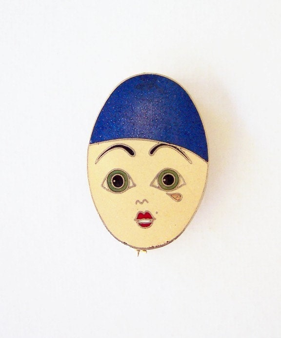 Miss Baby Doll - Antique 1920s 1930s Teardrop Clara Bow Flapper Face Pin in Cloisonné Enamel