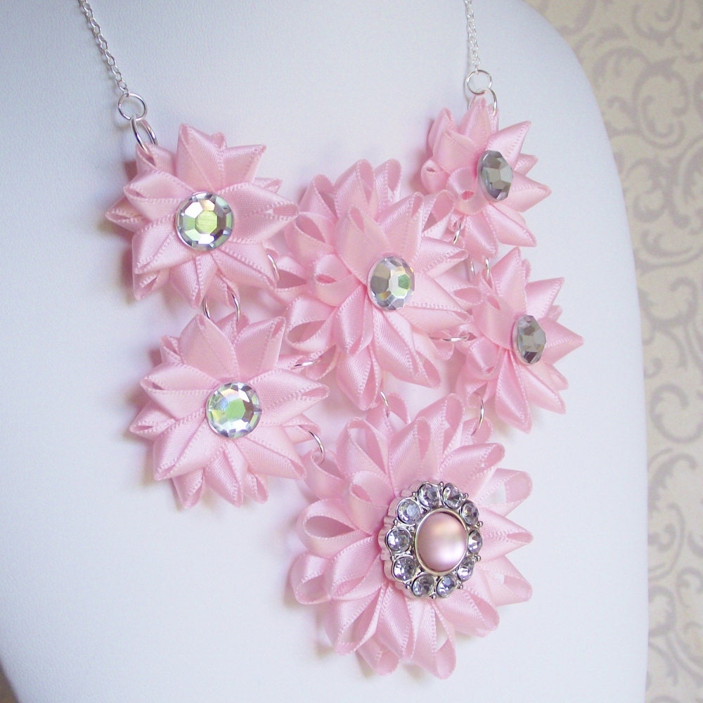 Pink Necklace - Bib Necklace, Pink Flower Necklace, Fancy Necklace, Bridesmaid Necklace, Fashion Jewelry