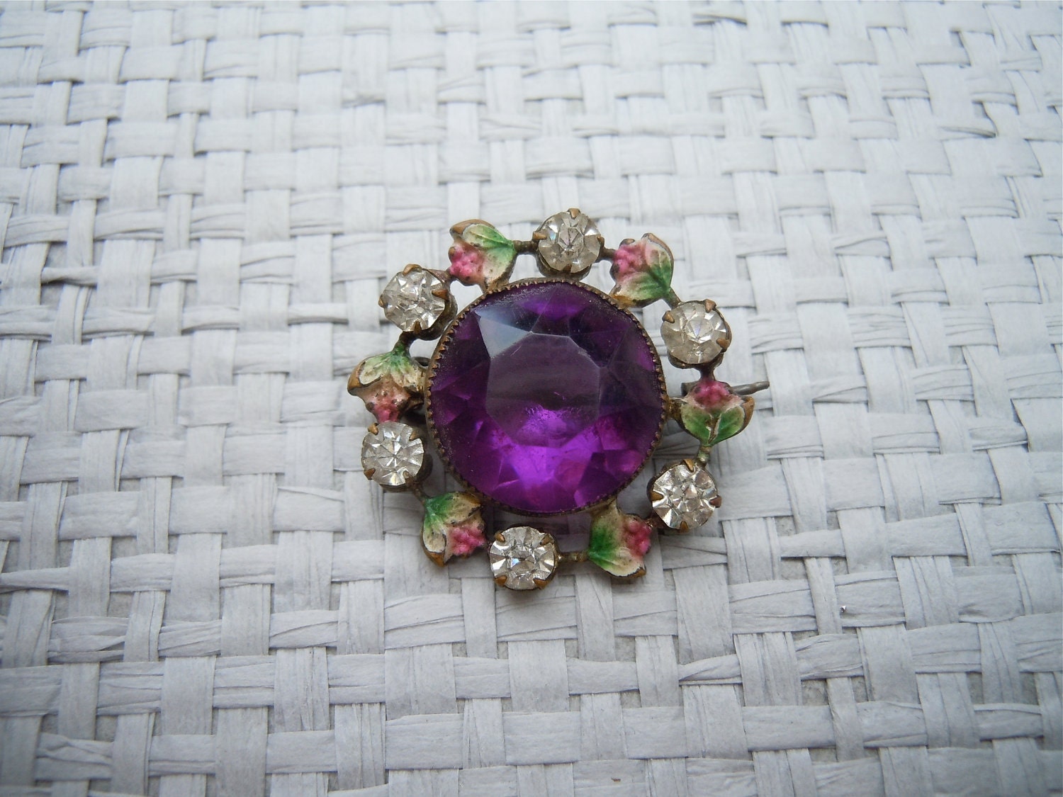 Edwardian Amethyst Pin, Enamel Rhinestones/ Glass Amethyst stone 1900's