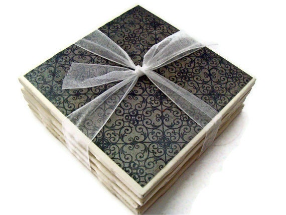 Modern Black Scrollwork Handmade Tile Coasters, Set of 4, Gray, Distressed, Holiday Gift