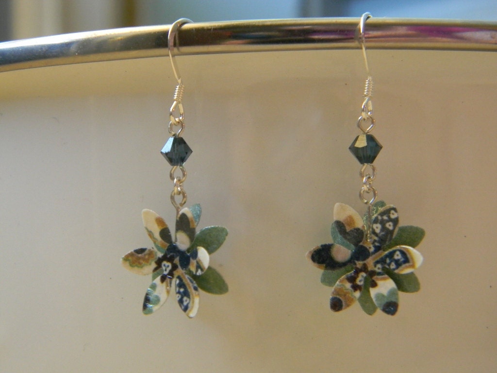 Flower Paper Earrings - Blue, Green, and Gold with Swarovski Crystals