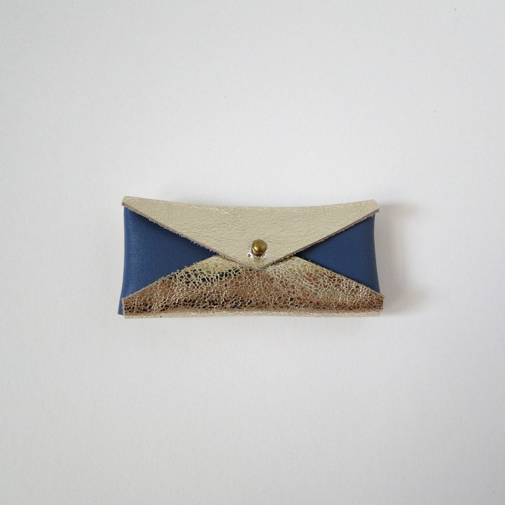 Leather Mini Business Card Case - Gold & Navy Blue Color Block