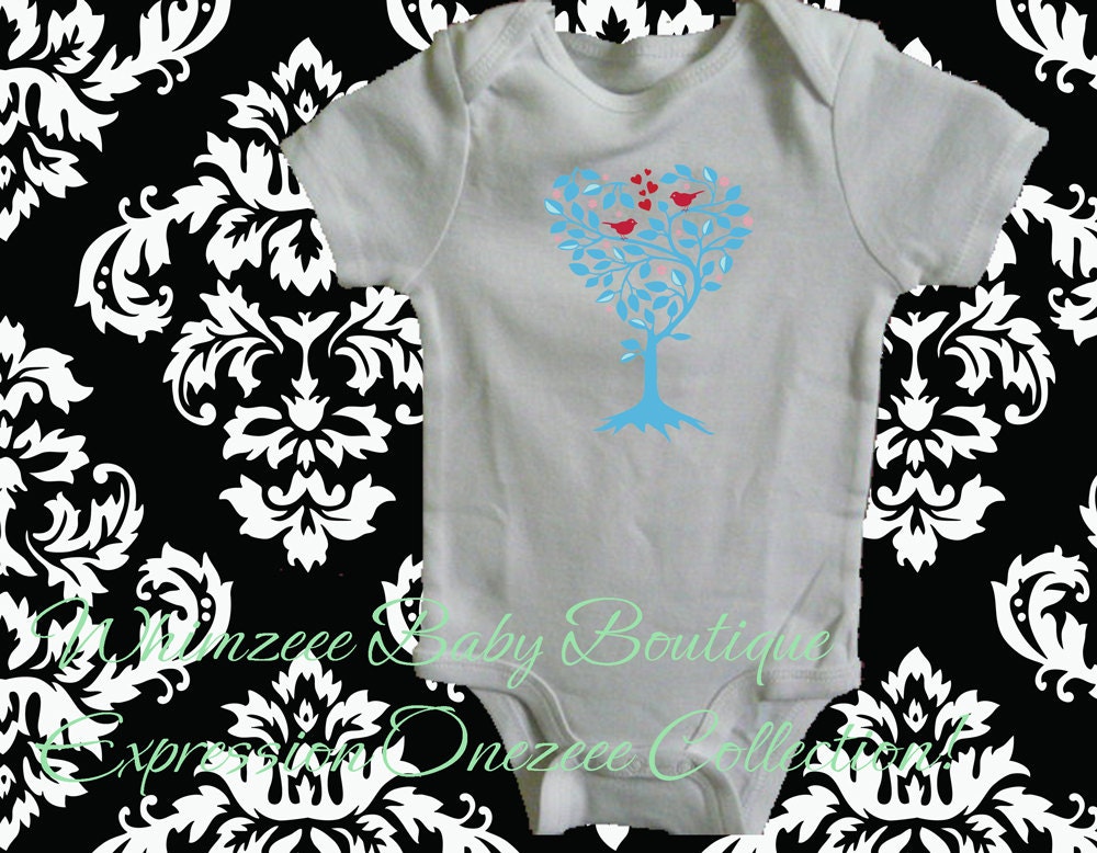 Baby Onesie-Love Birds In A Heart Tree Onezeee Bodysuit (Blue v.) - (You pick the size)-Baby Shower Gift-Baby Gift