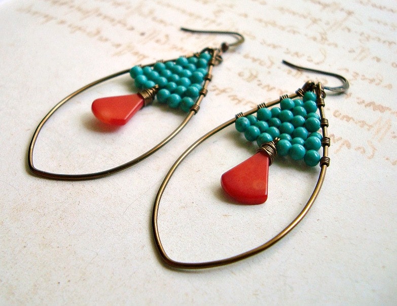 Turquoise Red Coral Earrings, Brass Coated Copper Oval Hoops