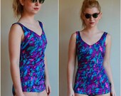 SUMMER SALE 30% OFF Vintage 80s One Piece Swimsuit  /  Neon Geometric Maillot Bathing Suit  /  1980s  /  Osfm