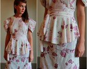 SUMMER SALE 30% OFF 80s Floral Print Peplum Dress  /  Sheer Mini Puff Sleeve Dress  /  Vintage 1980s  /  Large