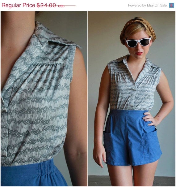 SUMMER SALE 30% OFF Vintage 70s Tank Top  /  1970s Striped Geometric Retro Large Lapel Shirt In Gray And White  /  Osfm