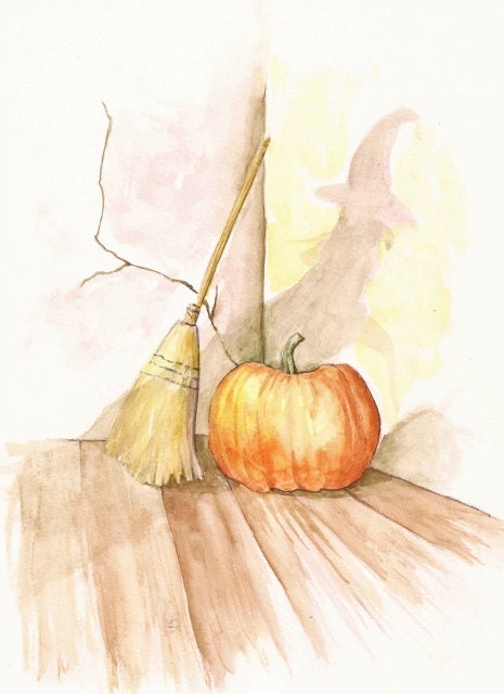 Pumpkin Ready, Original Watercolor, 8" x 10" for Halloween
