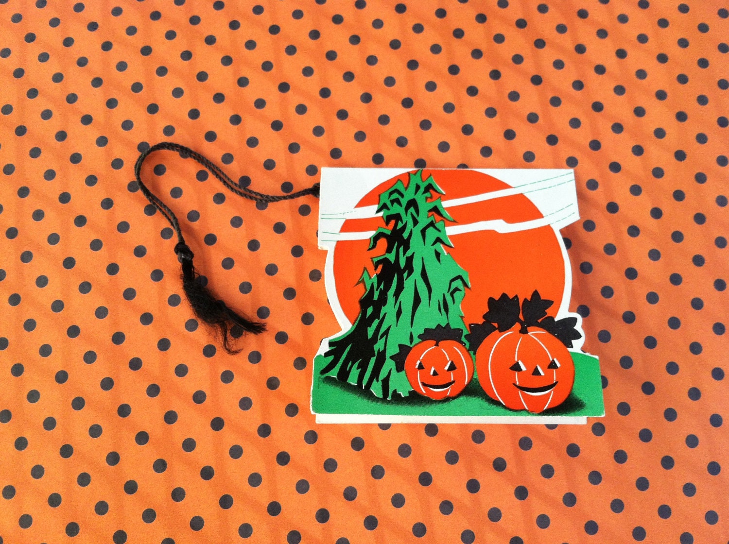 Vintage 1920 Halloween Bridge Card-pumpkin hay stack orange moon-unused