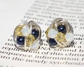 Navy , Jonquil and white - Pin It Series- Swarovski Glass Pearl and crystal bead Wire Wrapped Stud Earrings
