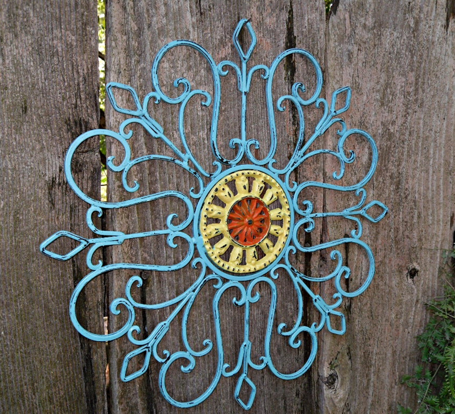 Metal Wall Decor, Aqua Painted Wall Art, Patio Decor, Wrought Iron / Shabby Chic Decor