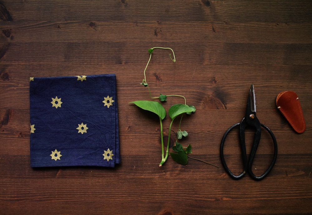 Gold "Etoile" Napkin - Star pattern Hand-printed on Indigo & Cochineal Natural Dyed Cotton Fabric