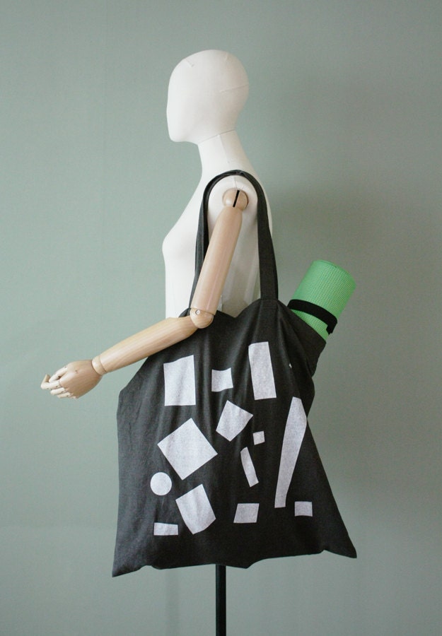 Made to Order, Large Market Tote, Shopper Bag : "Squares" Hand-printed on Washed Charcoal Grey