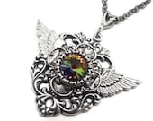 Steampunk Dreaming Silver Wings Necklace with Swarovski Rivoli Crystal by Dr Brassy Steampunk