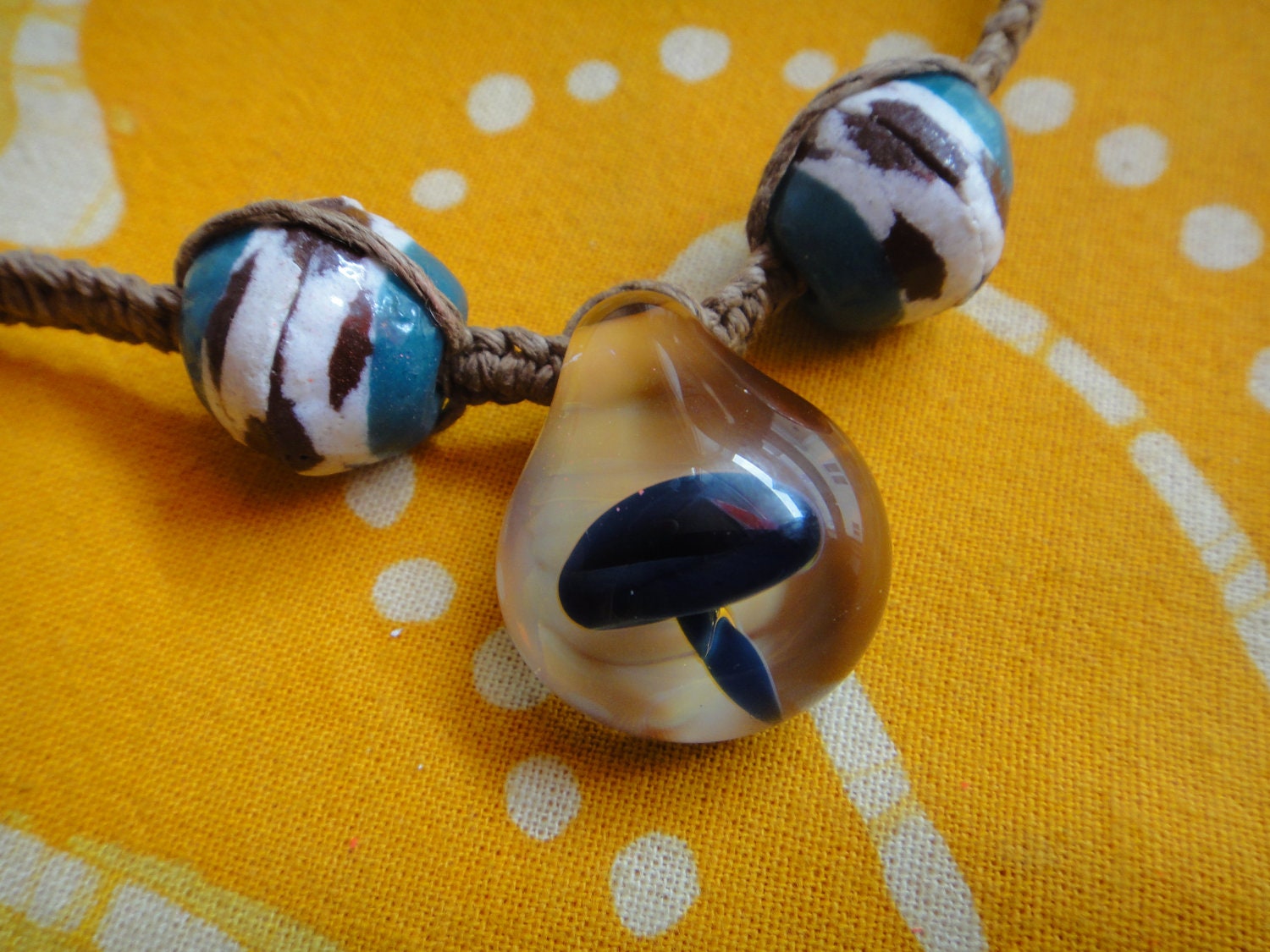 Glass Mushroom African Beaded Hemp Necklace