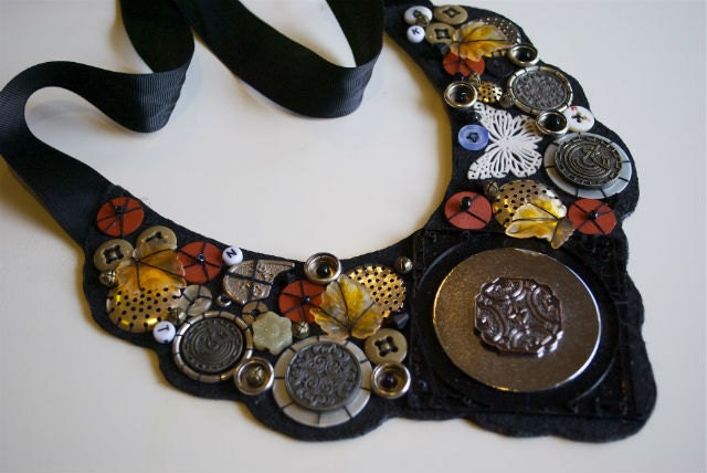 Beaded Felt Statement Necklace, Steampunk Geek Jewellery, Eco Friendly, Metal Coins & Buttons, Autumn Colours