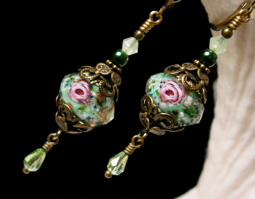 Forest Green and Pink Rosebud Crystal Pearl Earrings Steampunk Jewelry Antique Vintage Victorian Bridal Style