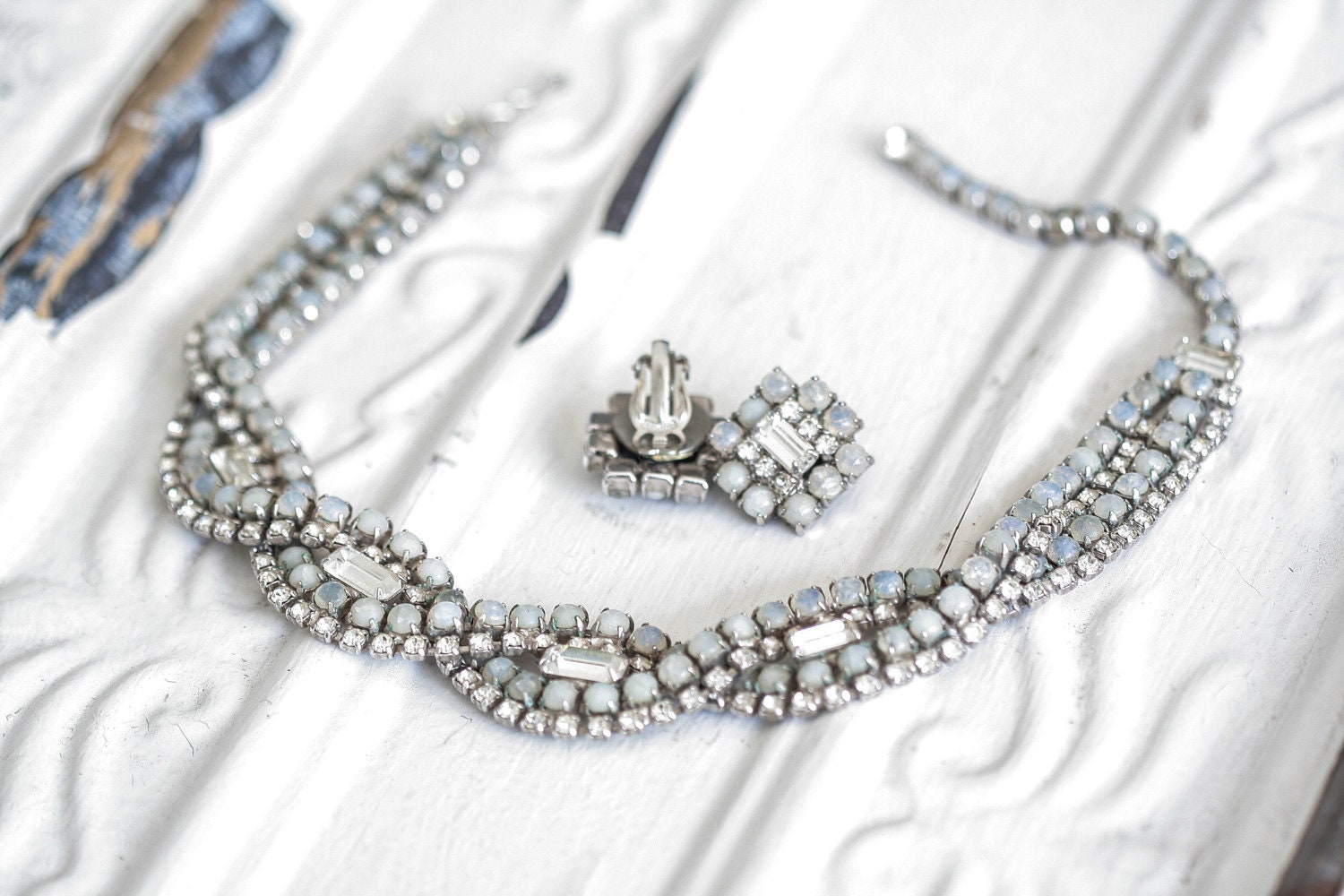Wedding Jewelry Set - Rare Rhinestone and Opal 1950s Necklace and Earring Set - Free US Shipping
