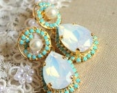 Crystal opal pearls earring - 14k plated gold  earrings real swarovski opal and  Turquoise rhinestones .