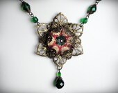 Filigree Necklace in Antiqued Brass and Pressed Glass, Green with Orange