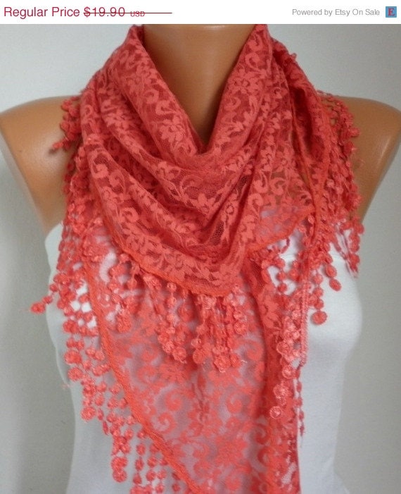 BIG SALE Coral Lace Scarf -  Shawl Scarf Women Scarves Cowl Scarf Bridesmaid Gift - fatwoman