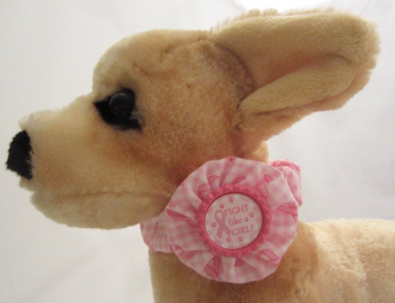 Girl Dog Collar 'Fight like a Girl' - Checked Pink Ribbon Awareness Fabric on Soft, Stretchable Elastic w/YoYo & Bottlecap Accent - XS,S,M,L